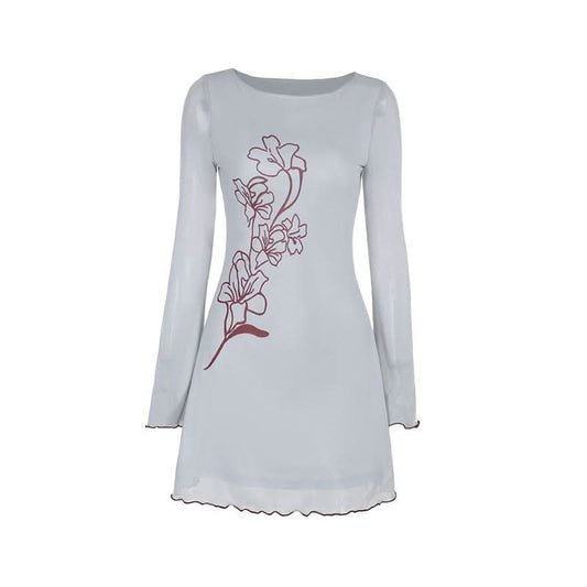 Long sleeve mesh flower print ruffle mini dress