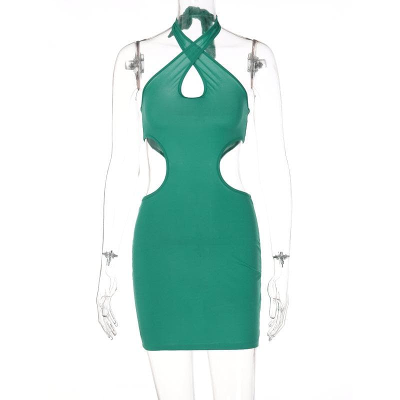 Halter Neck Keyhole Chest Waist Cutout Bodycon Mini Dress
