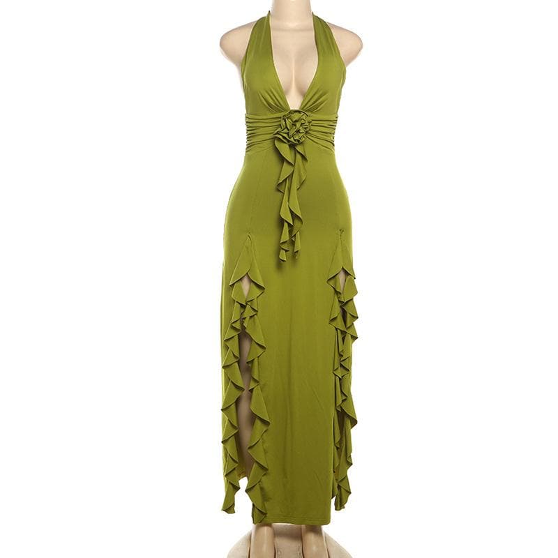 Halter v neck flower applique ruched high slit maxi dress