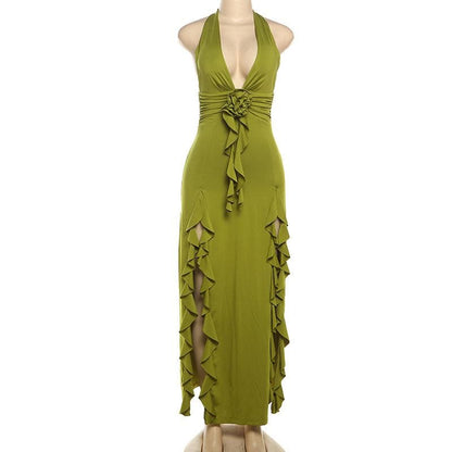 Halter v neck flower applique ruched high slit maxi dress