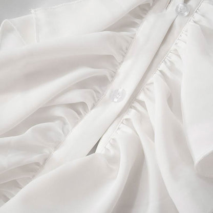 Long flared sleeve ruched ruffle button solid top