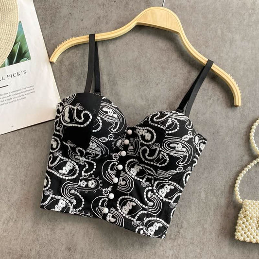 Embroidery v neck backless button cami top