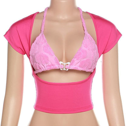 2 piece textured butterfly hollow out short sleeve crop cut out top