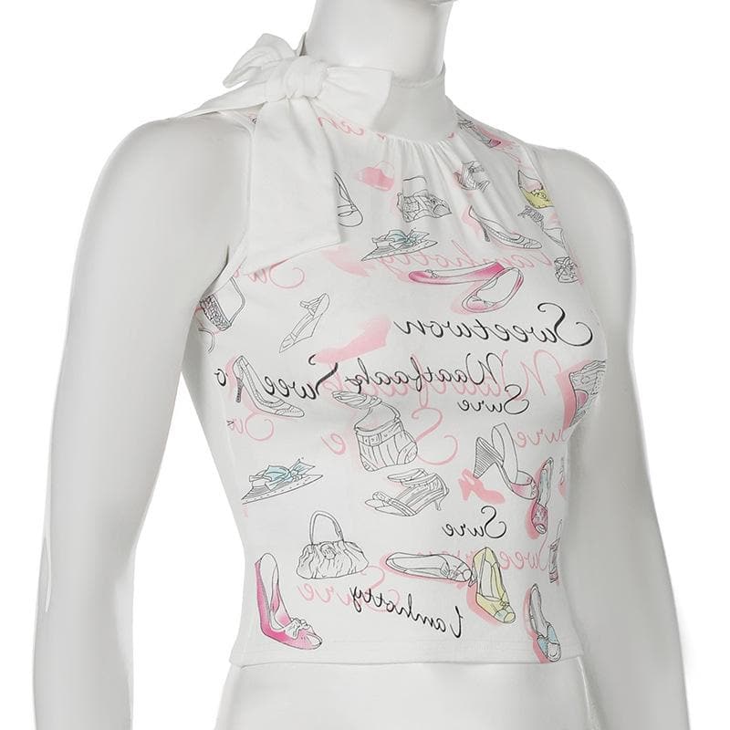 Sleeveless bowknot print crop top