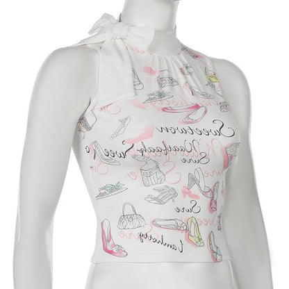 Sleeveless bowknot print crop top