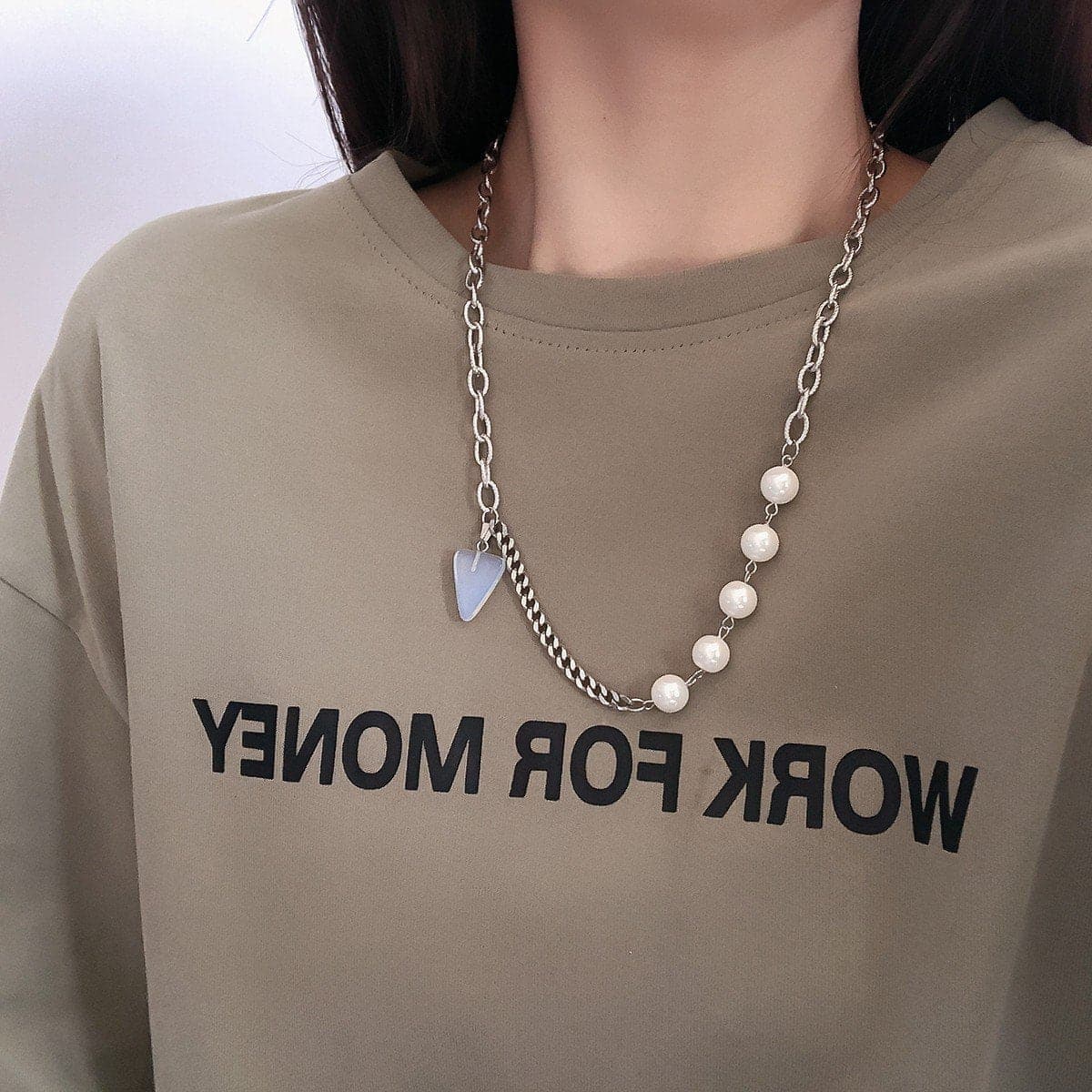 Faux pearl pendant chain necklace