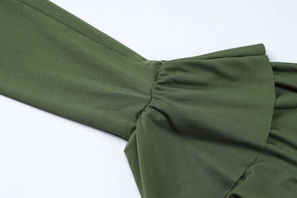 Long flared sleeve crewneck ruffle self tie maxi dress