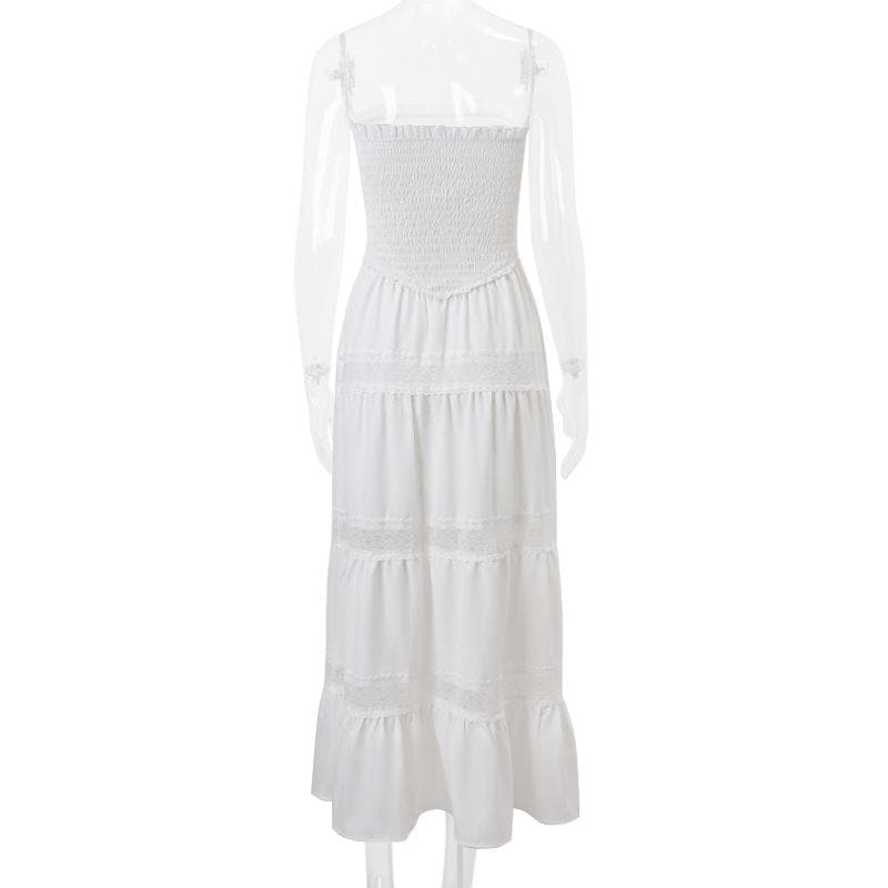 Smocked ruched lace patchwork tube midi dress
