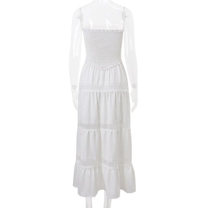Smocked ruched lace patchwork tube midi dress