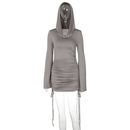 Hoodie long sleeve ruched drawstring mini dress