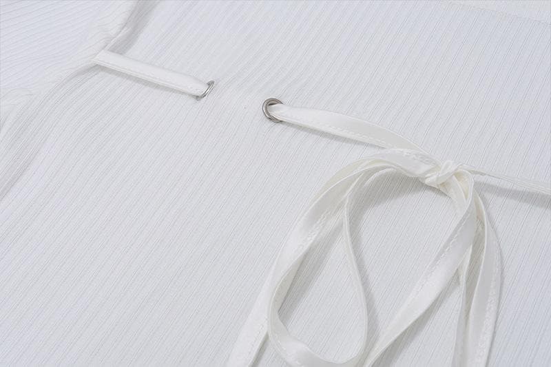 Long flared sleeve self tie stitch ribbed solid crop top