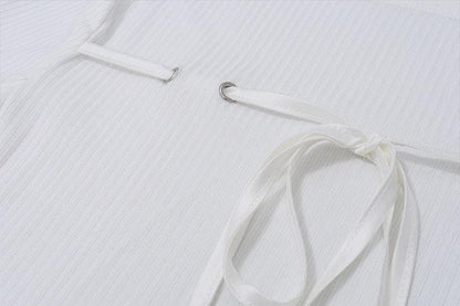 Long flared sleeve self tie stitch ribbed solid crop top
