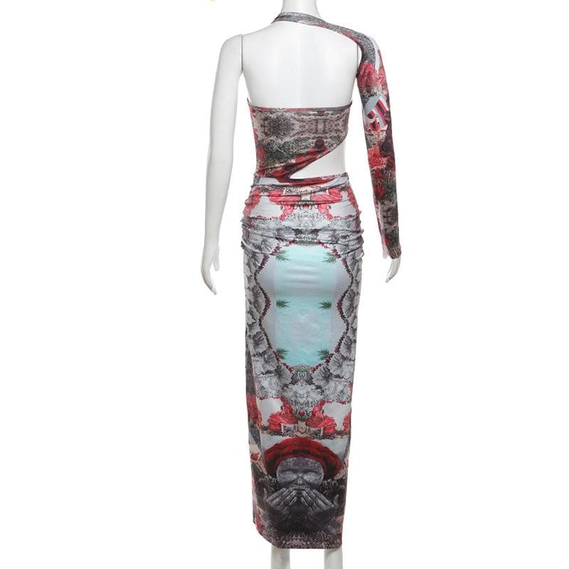 Irregular print contrast drawstring ruched high slit hollow out cut out maxi dress