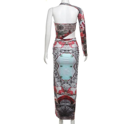 Irregular print contrast drawstring ruched high slit hollow out cut out maxi dress