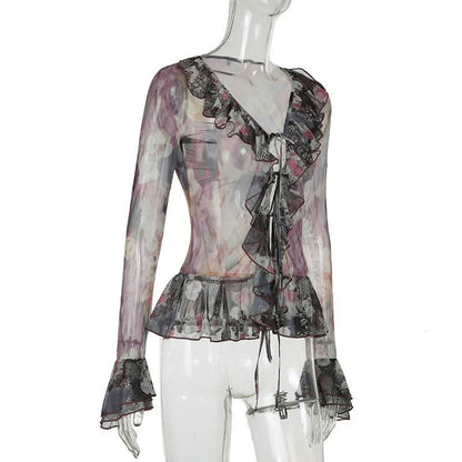 Long flared sleeve mesh abstract ruffle self tie top