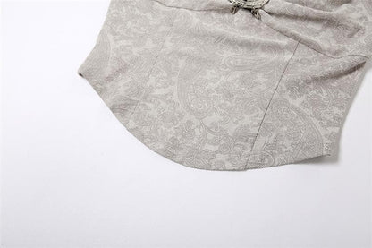 Halter buckle v neck backless ruched abstract contrast top