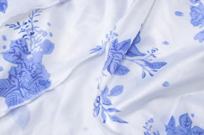 Print ruffle ruched high slit tube maxi dress