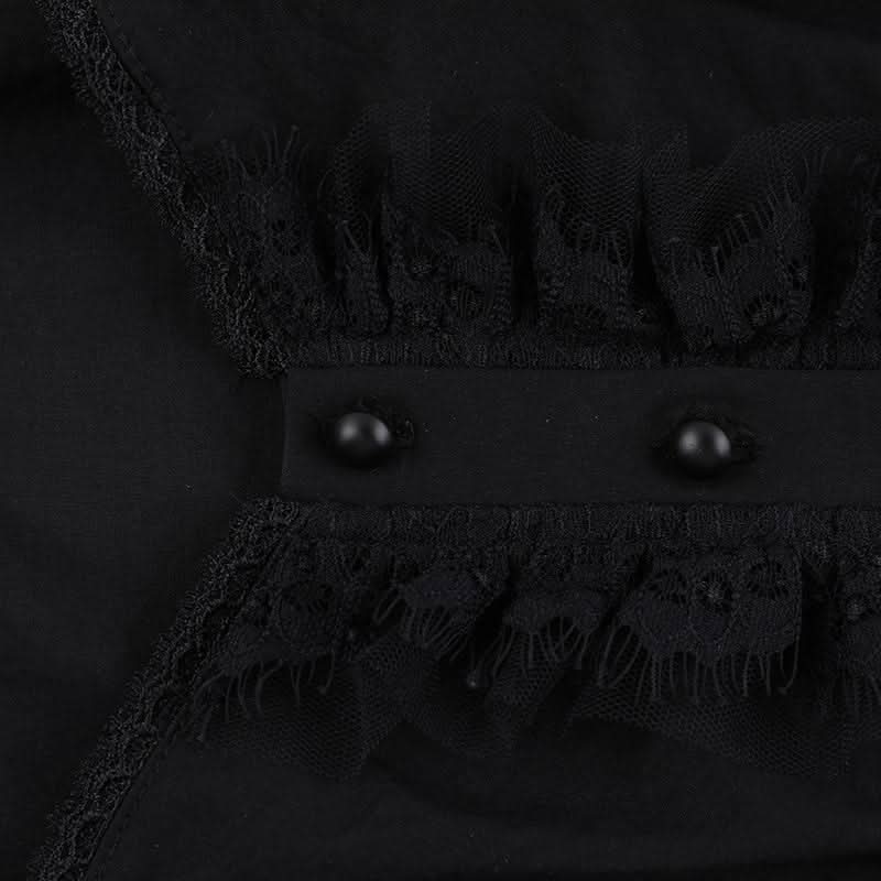 Hollow out button self tie lace hem ruched puff sleeve cut out top