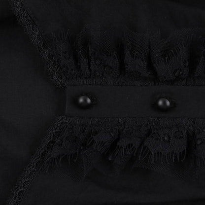Hollow out button self tie lace hem ruched puff sleeve cut out top