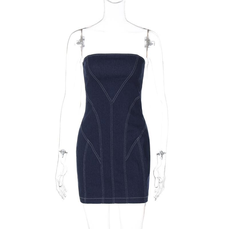 Denim stitch zip-up backless tube mini dress