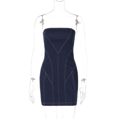 Denim stitch zip-up backless tube mini dress
