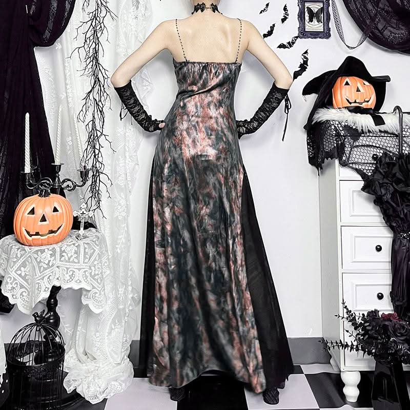 V neck contrast mesh beaded cami maxi dress