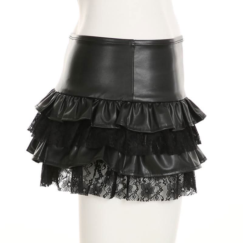 PU leather lace patchwork ruched mini skirt-final-sale