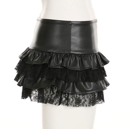 PU leather lace patchwork ruched mini skirt-final-sale