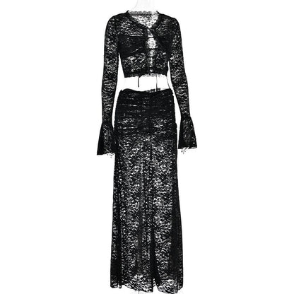 Long flared sleeve lace see through maxi skirt set