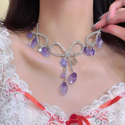 Purple crystal pendant rhinestone choker necklace