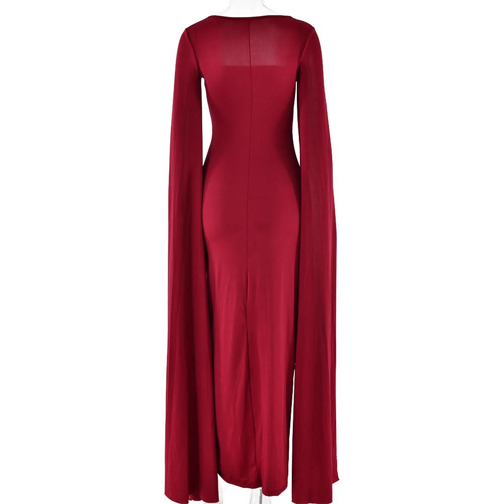 Long sleeve high slit square neck ruched maxi dress