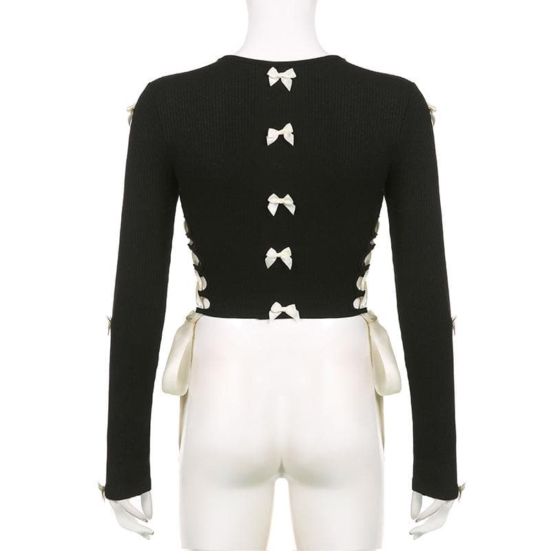 Bowknot long sleeve hollow out lace up contrast cut out top