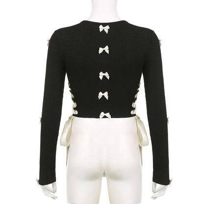 Bowknot long sleeve hollow out lace up contrast cut out top