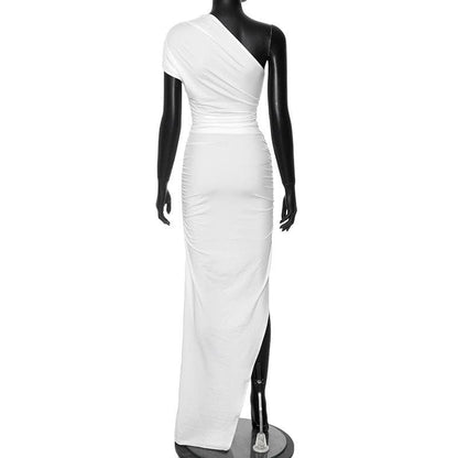 Short sleeve one shoulder slit ruched maxi dress