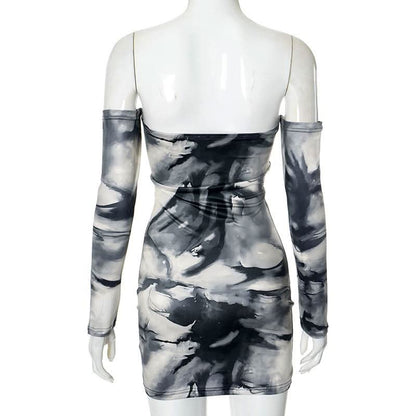 Off shoulder tie dye print long sleeve mini dress
