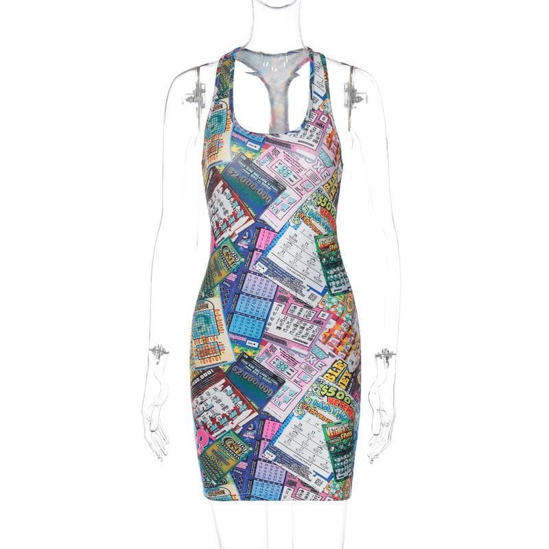 Lottery Ticket Print Scoop Neck Sleeveless Bodycon Mini Dress