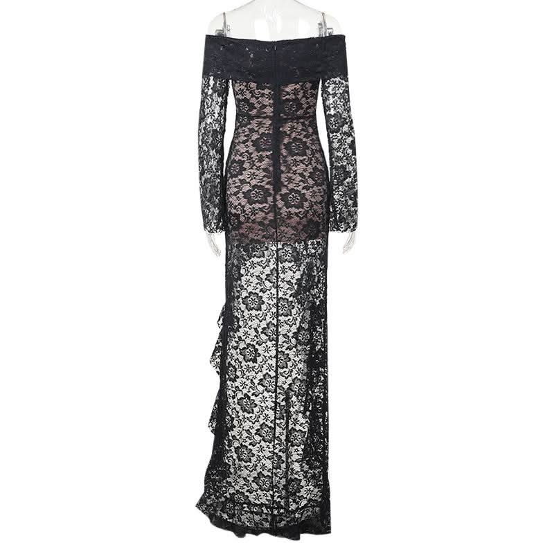 Off shoulder long sleeve lace ruched maxi dress