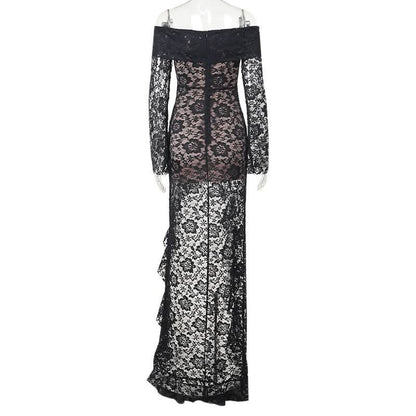 Off shoulder long sleeve lace ruched maxi dress