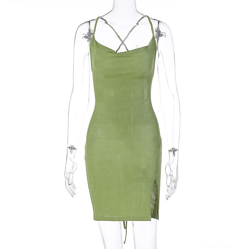 Cowl Neck Spaghetti Strap Side Slit Backless Bodycon Mini Dress
