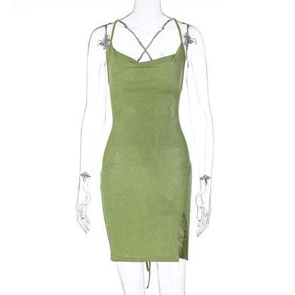 Cowl Neck Spaghetti Strap Side Slit Backless Bodycon Mini Dress