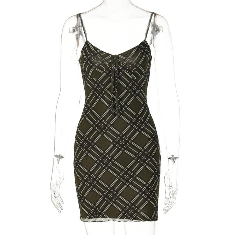 Plaid Lace-Up Front Spaghetti Strap Bodycon Cami Mini Dress