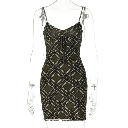 Plaid Lace-Up Front Spaghetti Strap Bodycon Cami Mini Dress