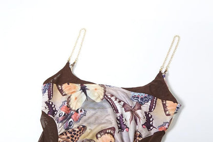 U neck metal chain butterfly print cami maxi dress
