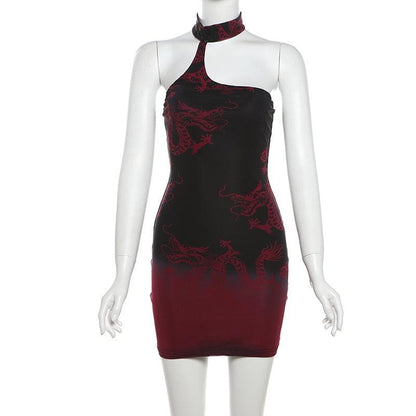 Halter irregular dragon print mini dress