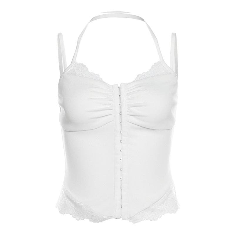 Halter lace hem button patchwork ribbed cami top