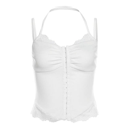 Halter lace hem button patchwork ribbed cami top