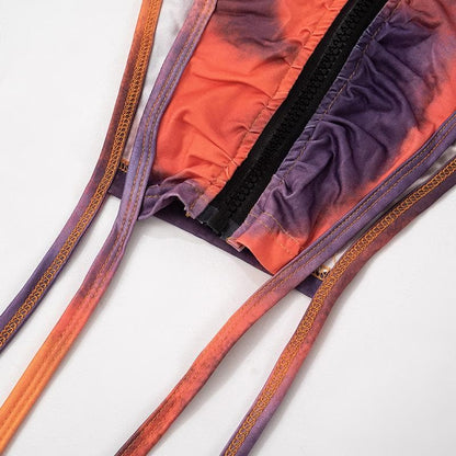 Halter long sleeve off shoulder zip-up ruched top