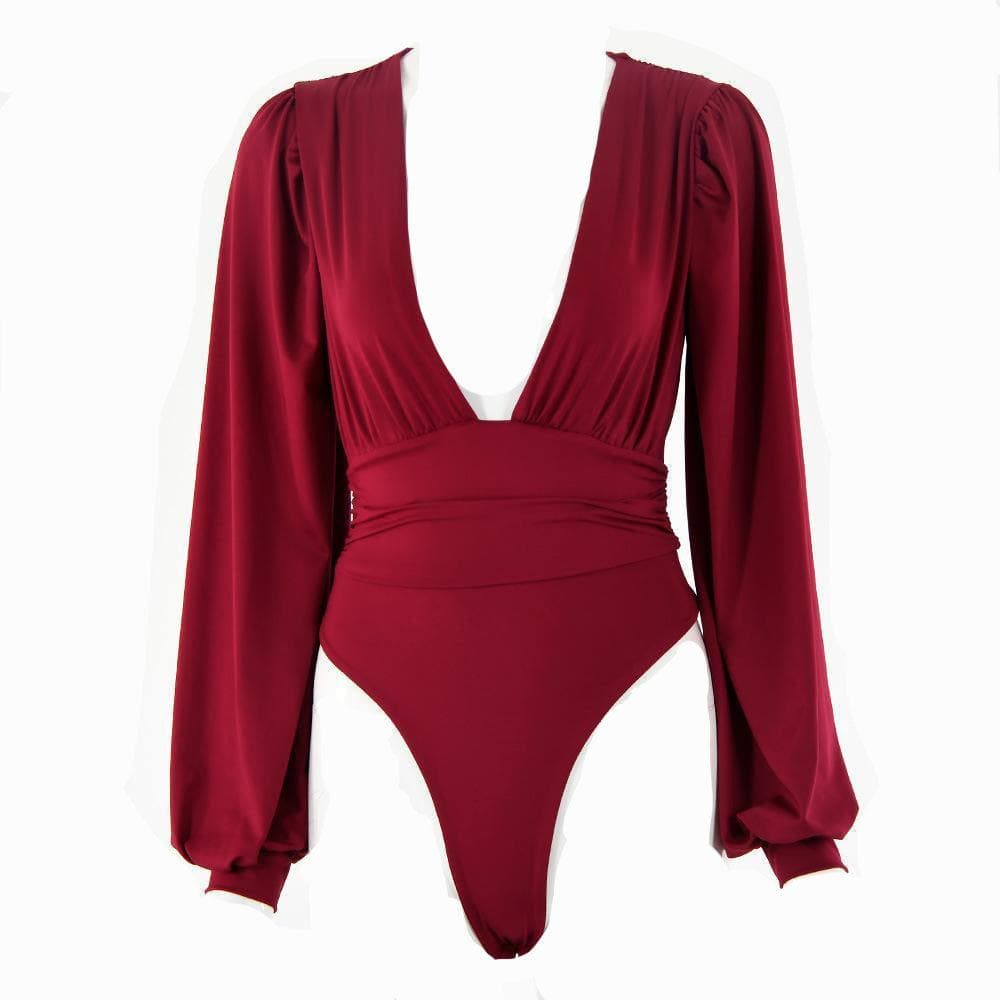 Halibuy Double layered deep v neck ruched solid bodysuit - Final Sale