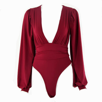 Halibuy Double layered deep v neck ruched solid bodysuit - Final Sale