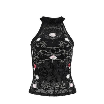 High neck ruffle print embroidery tank top